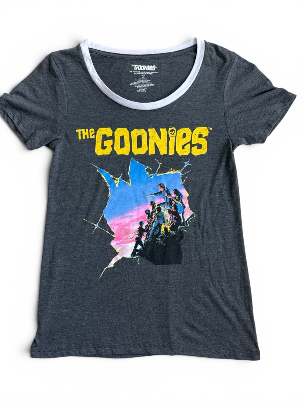 The Goonies Ringer Tee - Charcoal with Yellow & Multicolor Graphic Size XS